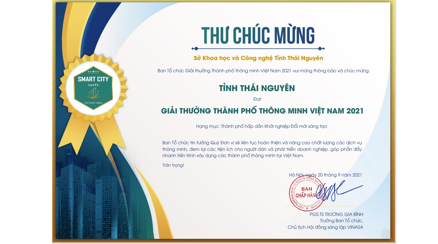 Tỉnh Thái Nguyên đạt Giải thưởng Thành phố thông minh Việt Nam 2021